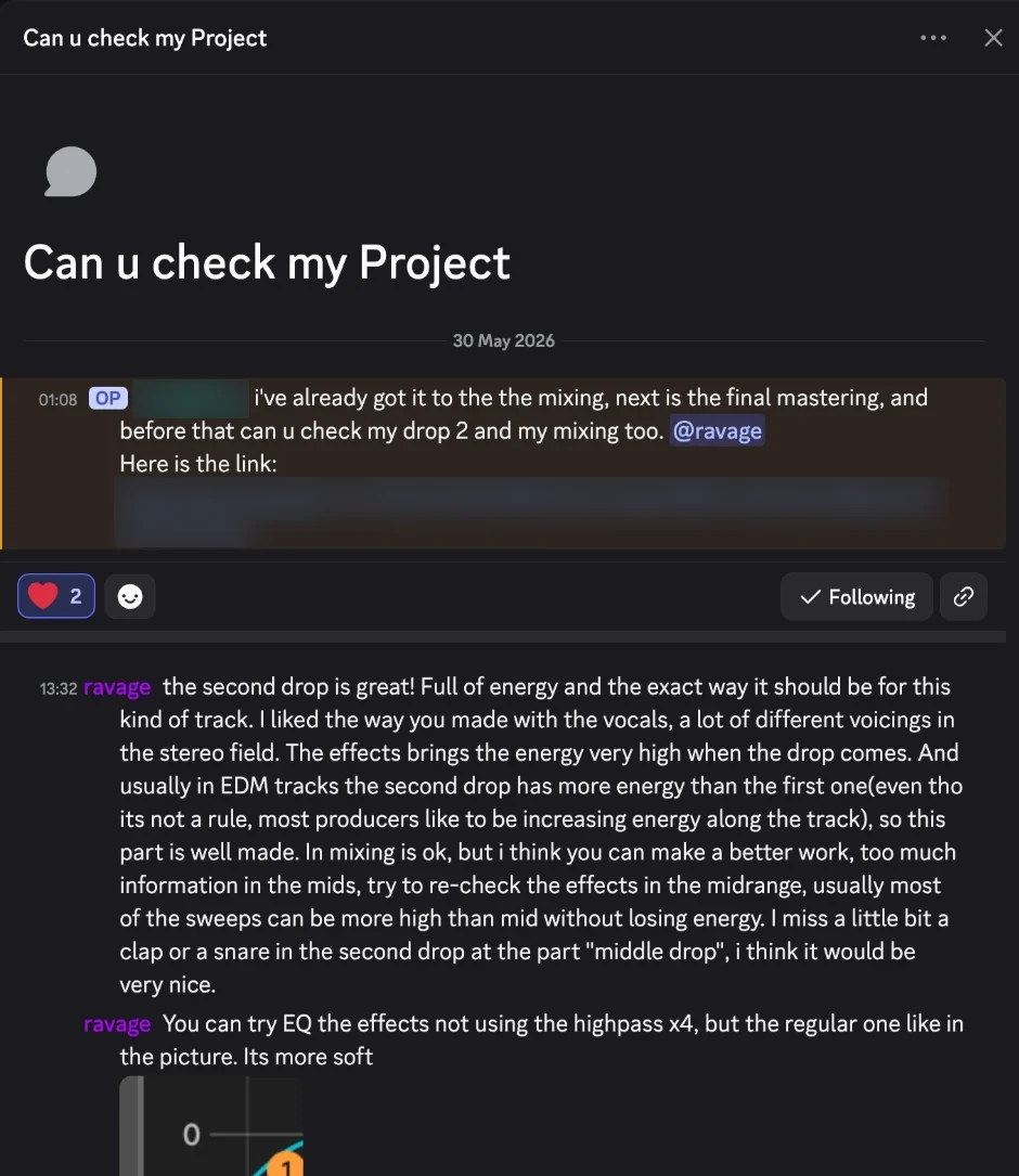 Ravage góp ý chi tiết cho track của học viên trên Discord